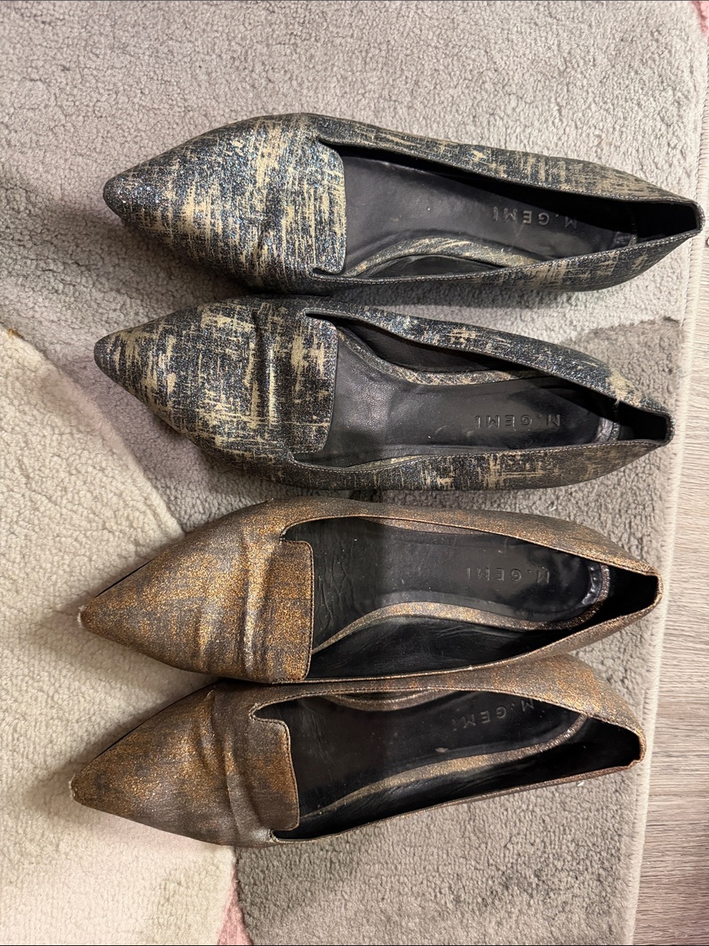 M. Gemi Metallic Pointed Loafers in Black and Gold